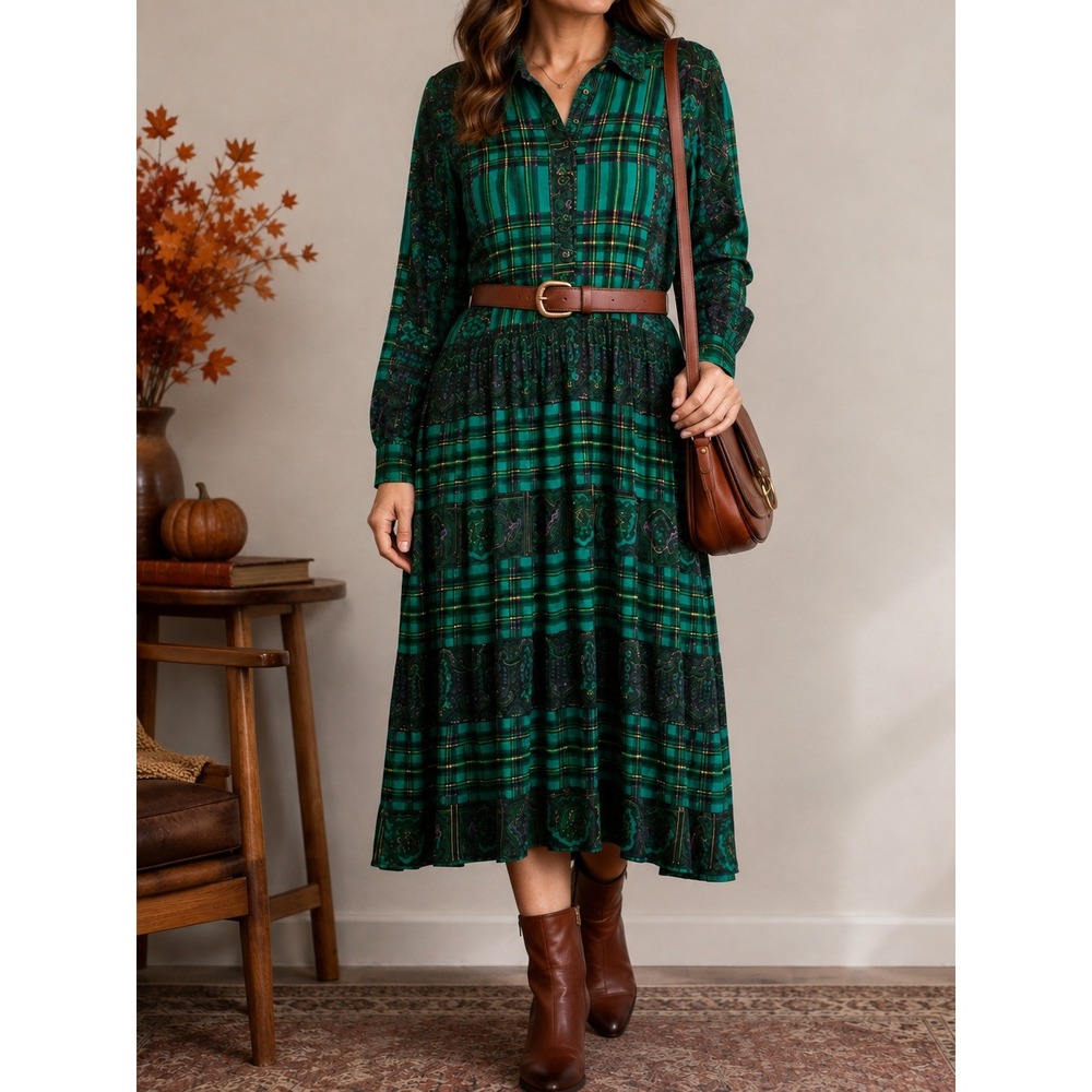 M 160 Vintage Green Plaid Paisley Mixed Print Midi Shirt Dress Cottagecore Fall